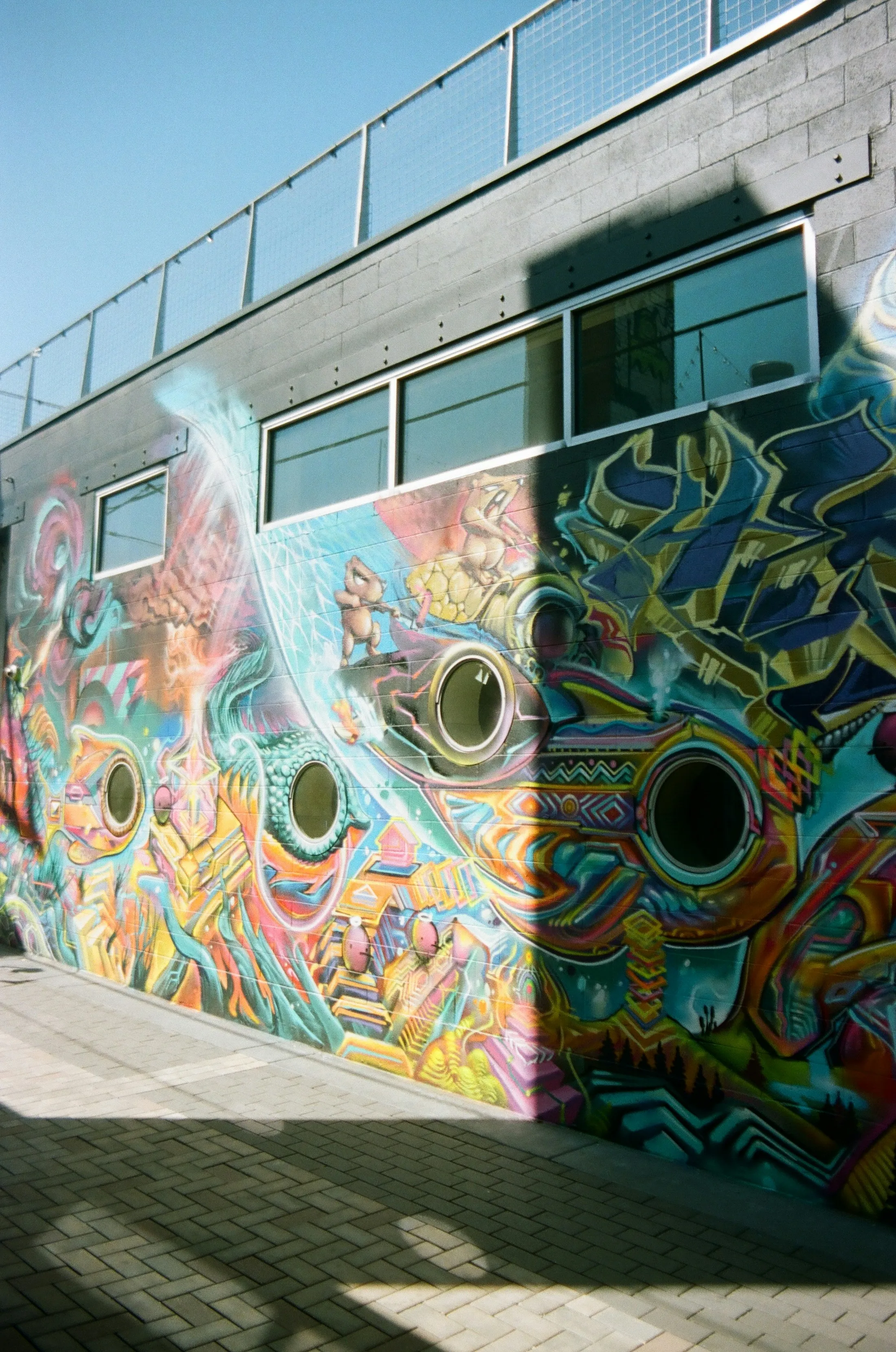 A sunlit building façade covered in layered, brightly coloured street art.